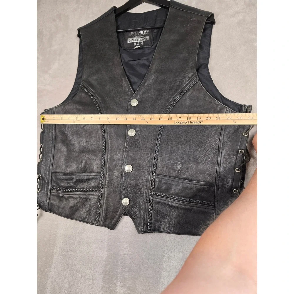 Pro-Rider Premium Leather Biker Vest Mens 50 Black Buffalo Buttons Side Lace Up